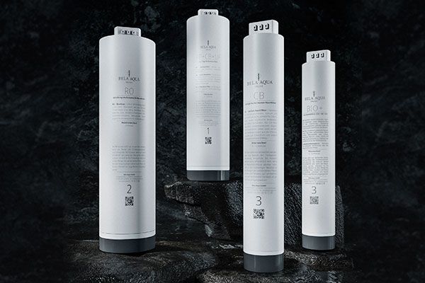Four OBLIGE filter cartridges side by side: RO, PP+CB+UF, CB and Bio+