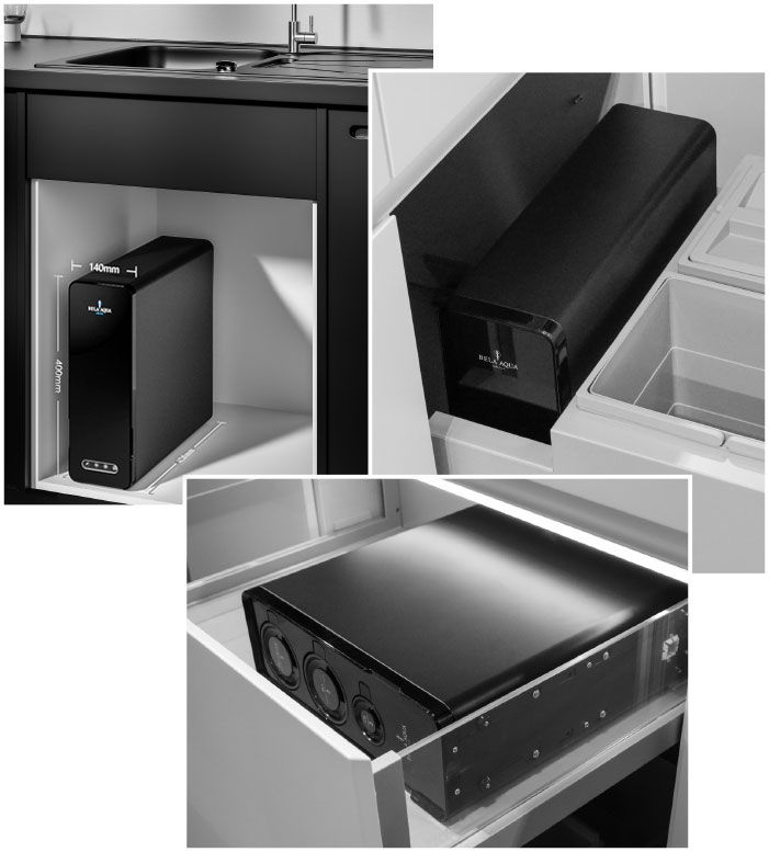 Bela Aqua OBLIGE installed: upright in a base cabinet, measuring 140 mm wide and 400 mm high, lying down in a drawer and under the plinth